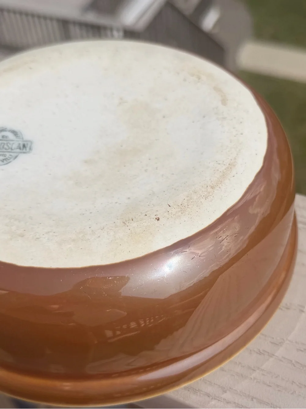1922-23 Petroscan Ohio Pottery Co. Casserole/Lid, Iridescent Caramel Glaze 7.75”